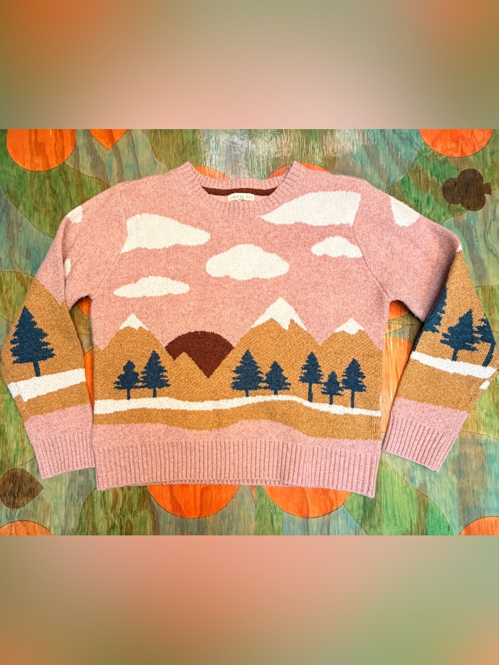 Copper Key Sweater Womens XL Pink Mountains  Trees Sky Colorful Long Sleeve Poly